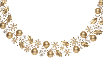 Golden christmas garland with baubles and snowflakes isolated on transparent background