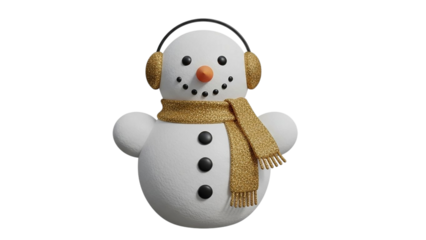 Isolated snowman with golden scarf and earmuffs on a black background in a studio shot