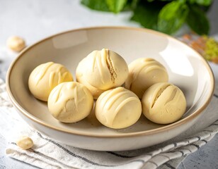 Soft, white treats sit in a bowl with mint and nuts