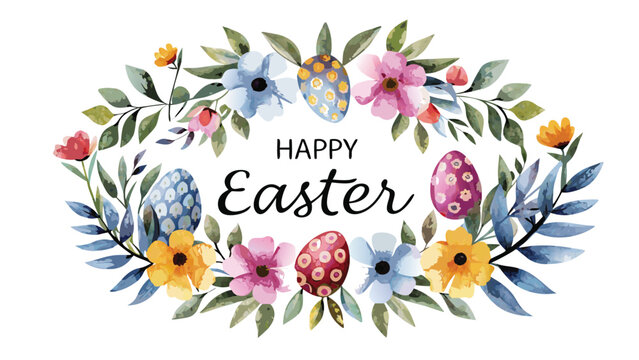 Happy easter greeting card with a floral watercolor wreath and decorative painted eggs in pastel colors isolated on a white background