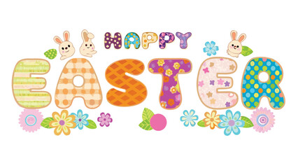 Happy easter text with cute bunnies and colorful flowers festive holiday greeting with playful lettering and springtime decorations for celebrations