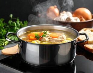 Steaming pot of savory soup with carrots and chicken
