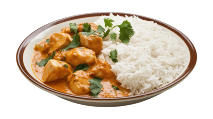 A plate of food with rice and chicken curry, isolated on a transparent background