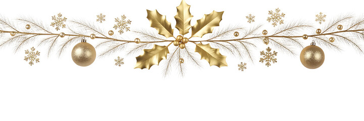 Golden christmas garland with baubles and snowflakes isolated on transparent background