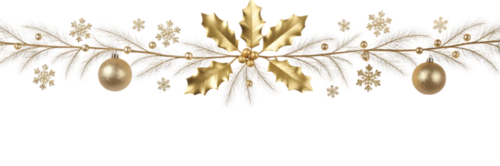 Golden christmas garland with baubles and snowflakes isolated on transparent background