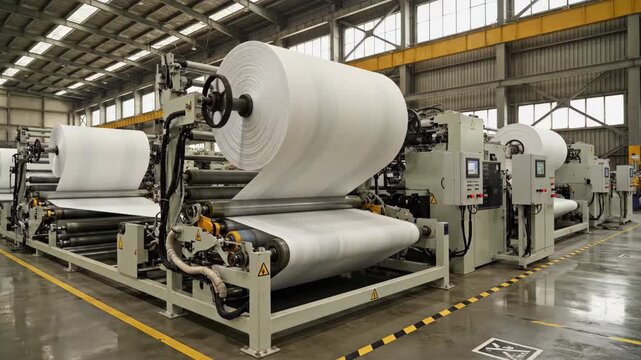 Large industrial machine processing massive white material rolls, 4k