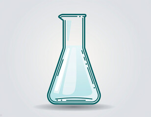 A simple cartoon illustration of a clear glass Erlenmeyer flask containing light blue liquid, on a grey background.