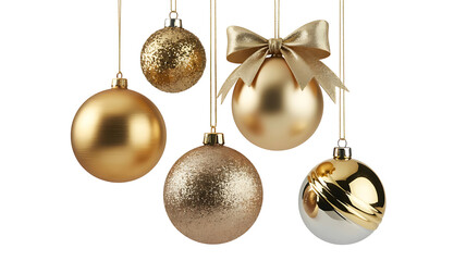 Collection of golden christmas baubles isolated on transparent background
