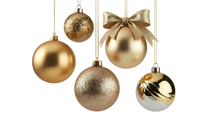 Collection of golden christmas baubles isolated on transparent background