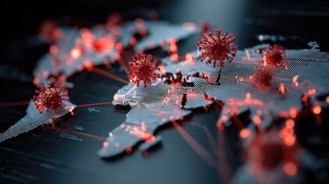 A global map dotted with red virus models and glowing connections, symbolizing the worldwide spread and critical impact of a pandemic. - Powered by Adobe