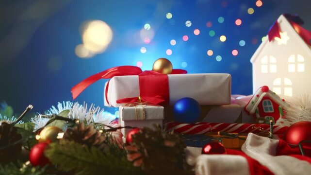 Cozy Christmas setup with wrapped gifts in red ribbons, festive ornaments, pine cones, and garlands, highlighted by soft bokeh lights from a holiday tree in the background.