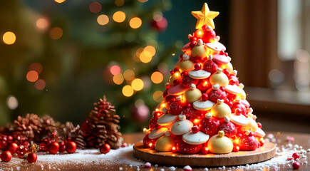 Festive dessert display featuring a beautifully crafted Christmas tree made of colorful sweets, surrounded by holiday decorations, creating a joyful atmosphere. Advertising banner with copy space