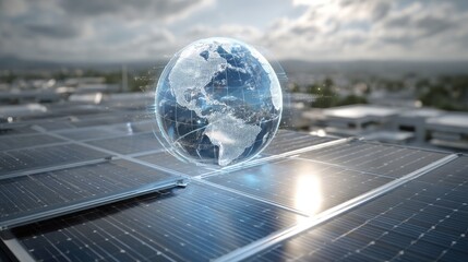 Holographic Earth globe above solar panels, symbolizing global renewable energy, sustainability, and technological innovation for a greener future.