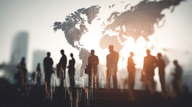 Silhouettes of business professionals stand before a glowing digital world map, with financial data, symbolizing global networking, international collaboration, and market trends.