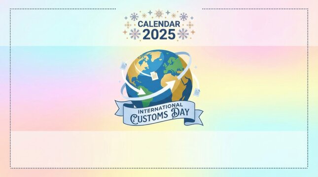 festive calendar cover template for international customs day illustration template featuring globe with arrows and small document symbols on simple pastel background with plenty of empty space