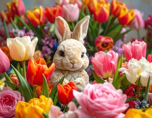 A charming easter bunny nestled among vibrant tulips and roses symbolizing springtime