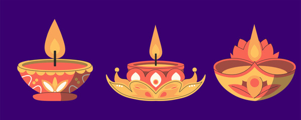 Vibrant Set Of Traditional Indian Lamps With Glowing Flames On A Deep Purple Background