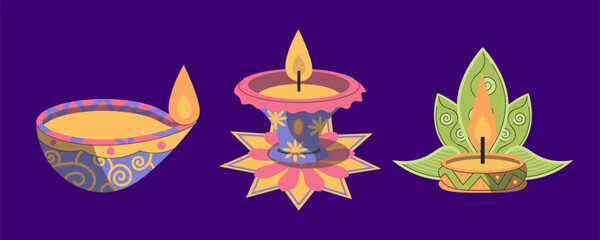 Three Ornate Diwali Lamps With Glowing Flames Set Against A Vibrant Purple Background