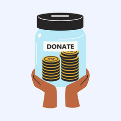 Hands Holding a Transparent Jar Filled with Gold Coins for Donation and Charity