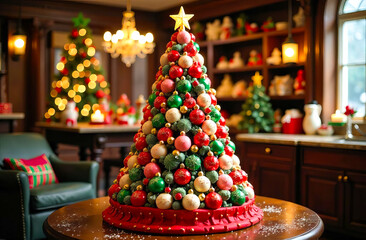 A festive cafe interior with a colorful Christmas tree made of sweet candies balls, surrounded by holiday decorations, creates a joyful luxury atmosphere. Advertising with copy space