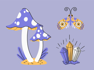 Enchanting Elemental Collection Whimsical Fungi Moth and Shimmering Crystals on Lavender Background