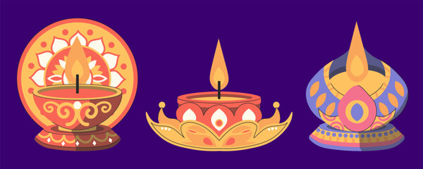 Illustration Of Three Intricately Designed Traditional Indian Lamps Glowing With Warm Light