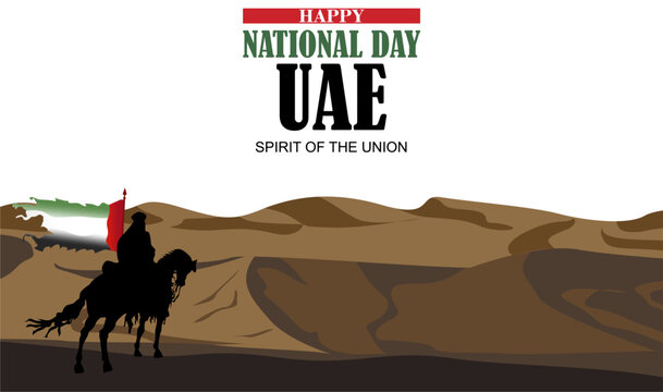 Happy UAE National Day. Vector illustration of a man riding a horse carrying a flag. Poster, banner, design template