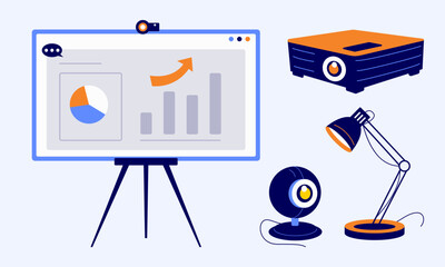 Essential Presentation Tools And Office Equipment Graphic Set With Charts And Graphs
