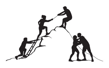Teamwork Mountain Climbing Silhouette, Helping Hands, Support and Cooperation Illustration.