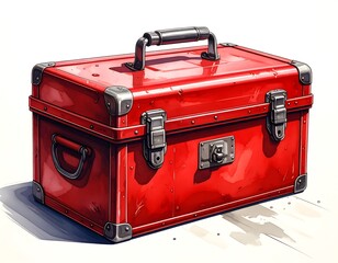 A detailed watercolor painting of a vintage red metal toolbox with silver accents
