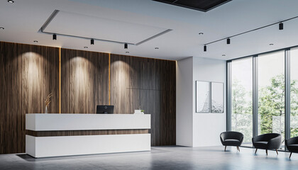 Modern reception area located in a commercial building with a sleek design and natural light coming through large windows