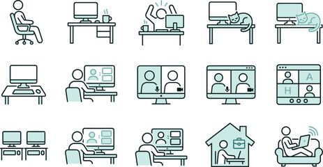 Remote work and home office icons illustrating video meetings, digital collaboration, desk setups, online communication, and modern work-from-home lifestyle in clean line style