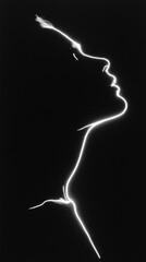 A minimalist white light tracing the elegant silhouette of a woman's profile against a deep transparent background, creating an ethereal, glowing abstract form.