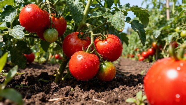 Fresh red tomatoes grow in a garden under clear blue sky in bright daylight during summer season