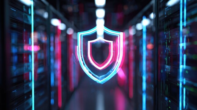 A vibrant neon shield icon illuminates a modern data center, symbolizing robust cybersecurity, secure network infrastructure, and critical data protection.