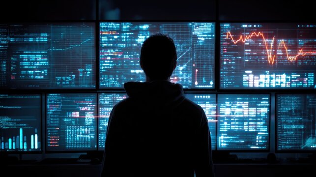 Hacker, trader, or analyst intensely monitors a multi-screen setup displaying lines of code, real-time data, and dynamic financial graphs. - Powered by Adobe