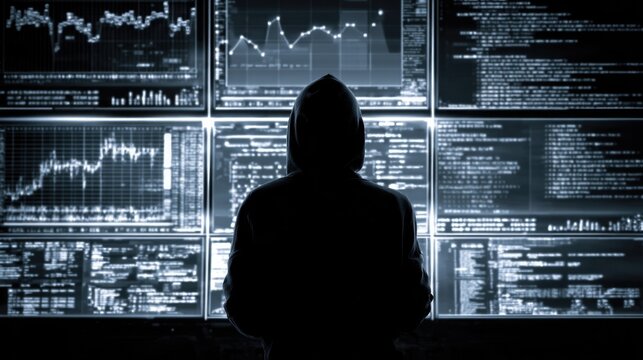 A hooded figure stands before an array of digital screens displaying complex data, code, and financial graphs, suggesting cyber activity or advanced data analysis.