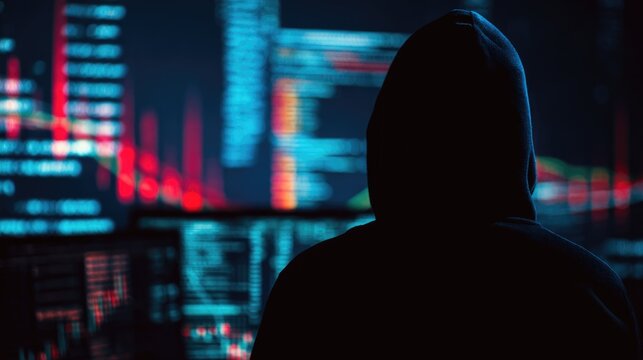 A mysterious hooded figure observes intricate digital data and code across multiple glowing screens in a dark, intense technological environment.