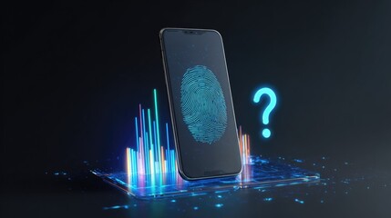 A smartphone displays a glowing fingerprint, questioning mobile identity verification and data security amidst futuristic digital data streams and a question mark.