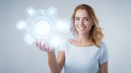 A smiling woman displays a radiant holographic interface in her hand, showcasing digital connectivity and future technology, symbolizing innovation and data management.