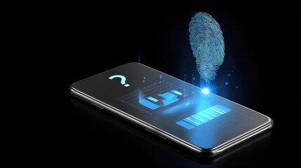 A smartphone displaying data and a question mark projects a glowing digital fingerprint, symbolizing biometric security, identity verification, and privacy concerns.