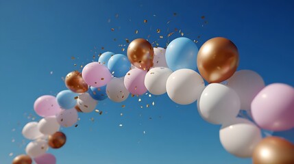 A festive balloon arch with gold confetti floats against a clear blue sky