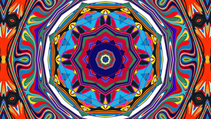 Kaleidoscopic geometric design with perfect symmetry and vibrant rainbow colors, creating a bold psychedelic visual effect. Ideal for digital art, music visuals, and retro designs.