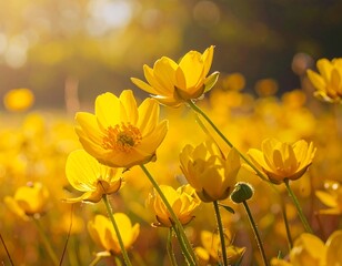 A field of radiant yellow buttercups basking in the warmth of the sunlight
