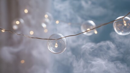 Fototapeta premium A string of delicate illuminated glass spheres with glowing lights drifts through a soft misty atmosphere