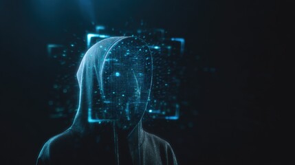 A hooded figure with a pixelated, digital face and glowing blue elements, symbolizing anonymity, cybersecurity, and advanced facial recognition technology in a dark, mysterious digital realm.