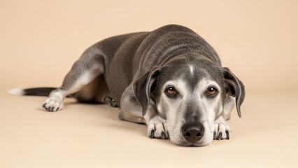 Calm canine: grey dog relaxing on neutral background