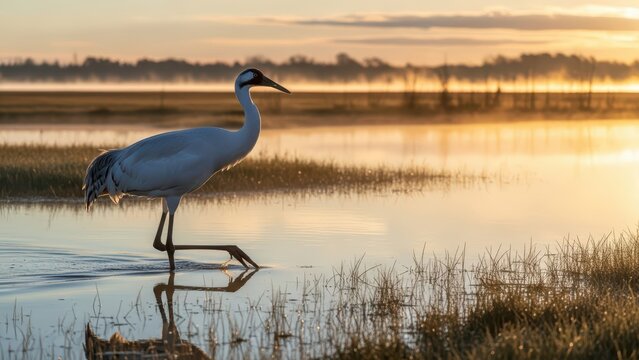 Majestic crane in serene wetland at sunrise - Powered by Adobe