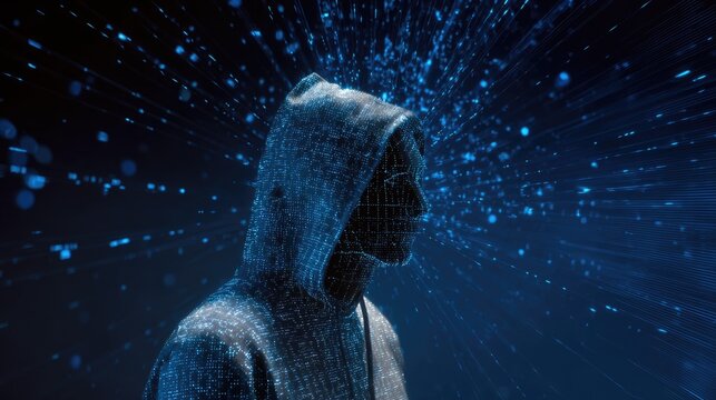 Digital hooded figure made of glowing data points amidst radiating blue light, symbolizing cyber identity, AI, and information technology.