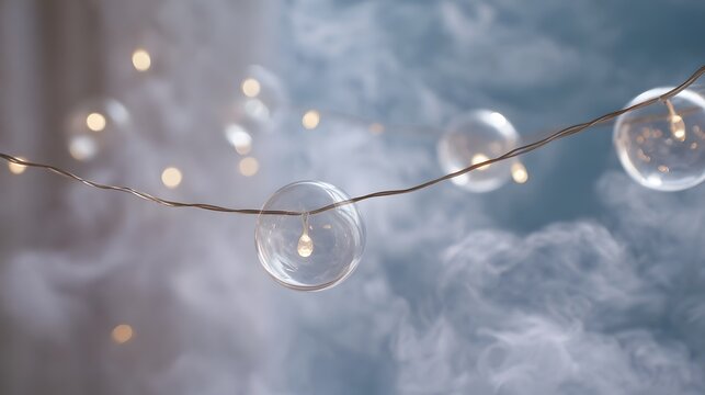 A string of delicate illuminated glass spheres with glowing lights drifts through a soft misty atmosphere